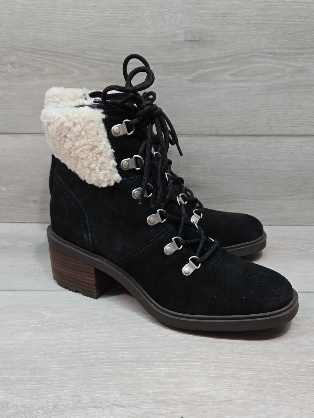Lucky Brand Women's Demia Moto Leather Lace-Up Ankle Boots Chuncky Shoes Sz 8.5M